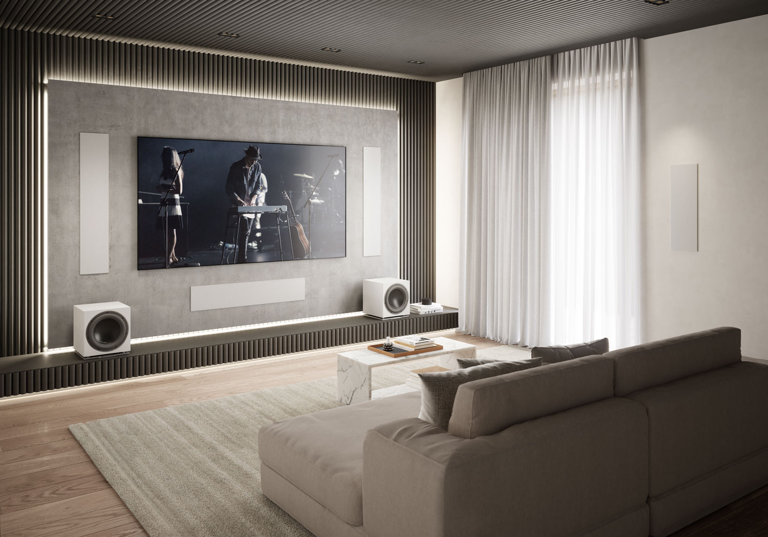 DALI PHANTOM M-675 installed in Home Cinema with white grilles